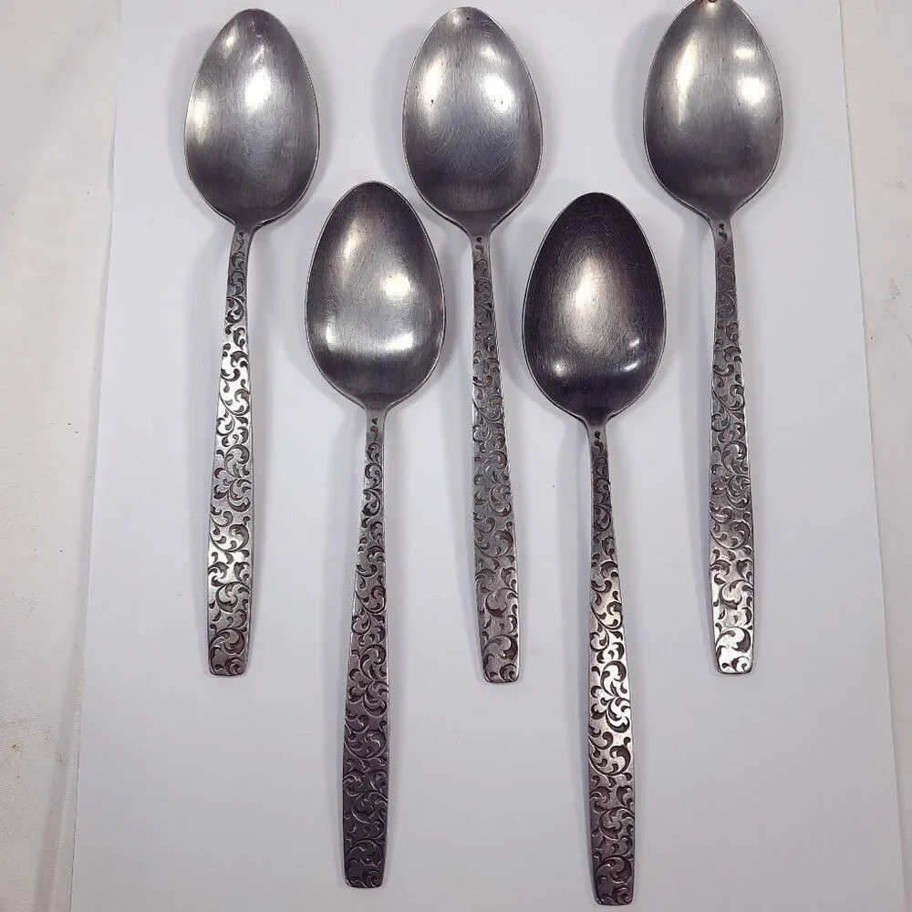 Vintage CORSICAN Modern place spoon set 5 Stainless steel Japan filigree scroll‎
